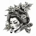 A traditional Japanese geisha with a smoking pipe, surrounded by cherry blossom trees and skulls tattoo design idea