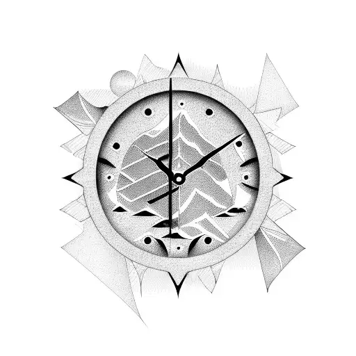 A mountain range made up of clock gears with a motorcycle riding through it tattoo design idea