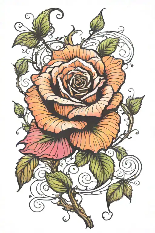 intense bright colored Rose center of the design surrounded by filigree style vines and leaves with thorns. tattoo design idea