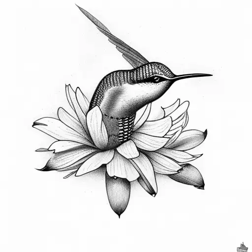 humming bird sitting on three different flowers tattoo design idea