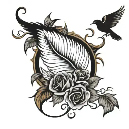 feather, infinity, yellow rose, flying birds, remembrance tattoo design idea