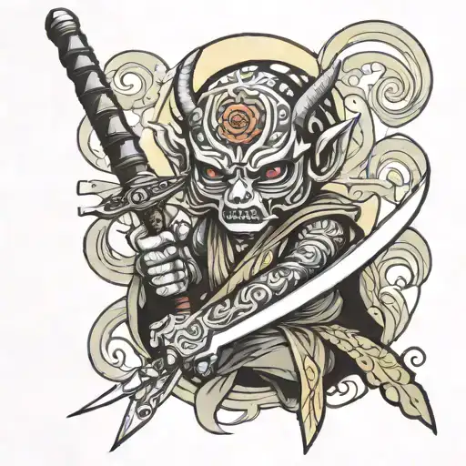 samuri with sword tattoo with sharigan eyeball tattoo design idea