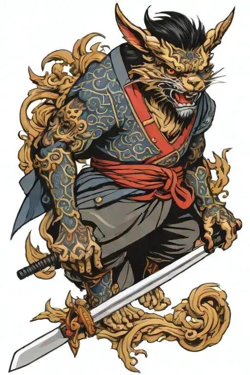 samuri with sword tattoo with sharigan eye surrounded tattoo design idea