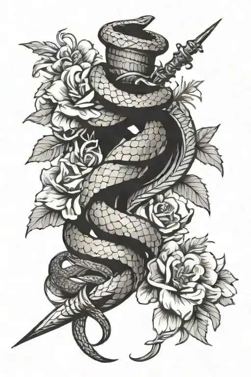 snake wrapped around a dagger with flowers tattoo design idea