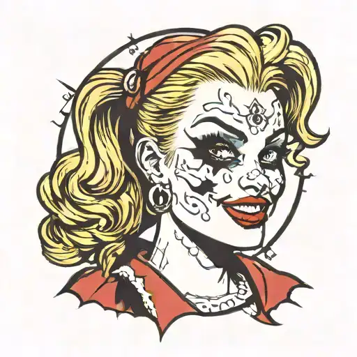 Harley Quinn face with puddin across the front tattoo design idea