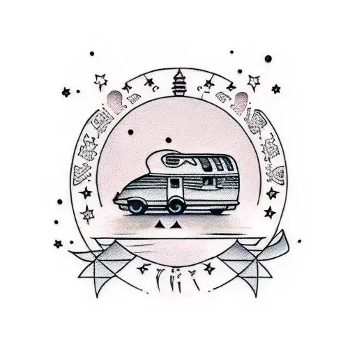 a guitar and a caravan tattoo design idea