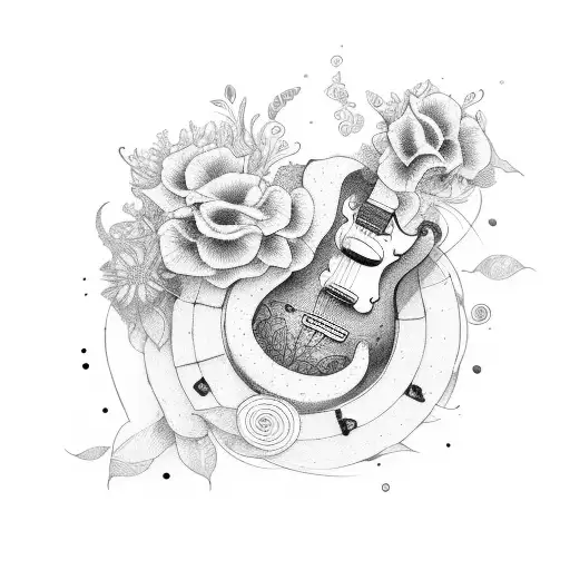 The word 'folk' with a guitar and flowers and a caravan tattoo design idea