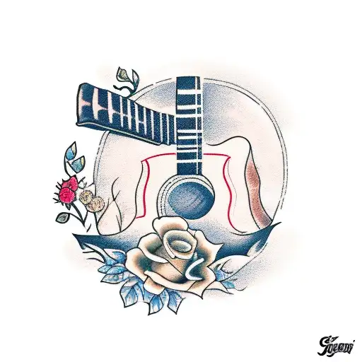 The word 'folk' with a guitar and flowers and a caravan tattoo design idea