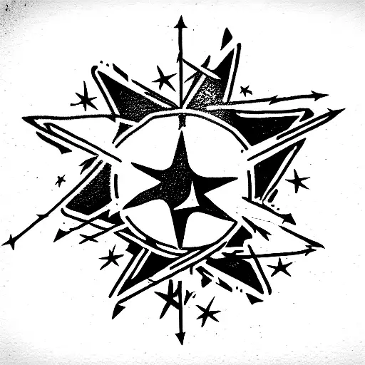 a chaos star with beams of ak 47 cartridges and a circle of barbed wire tattoo design idea