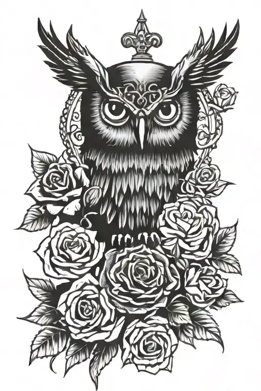 Crown with Roman numerals inside it with an owl hanging on it and with roses to shade around it... tattoo design idea