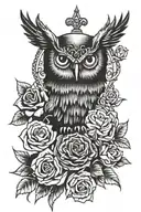 Crown with Roman numerals inside it with an owl hanging on it and with roses to shade around it... tattoo design idea