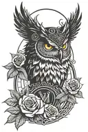 Crown with Roman numerals inside it with an owl hanging on it and with roses to shade around it... tattoo design idea