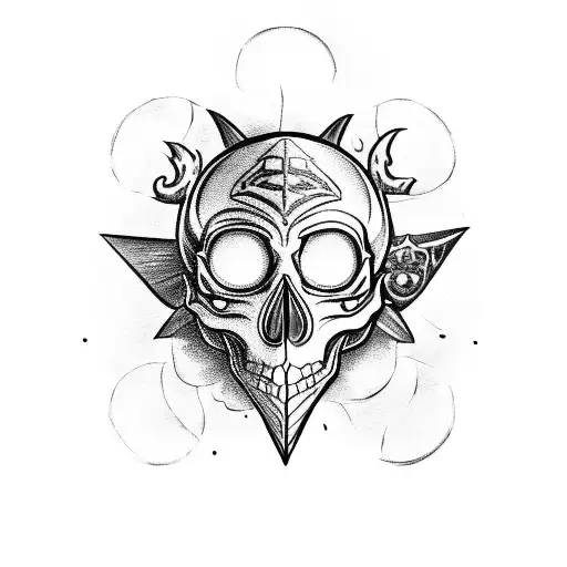 Skulls and elf with sword and majora mask tattoo design idea