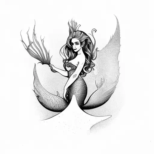 Full body and tail fat mermaid no background black and white  tattoo design idea
