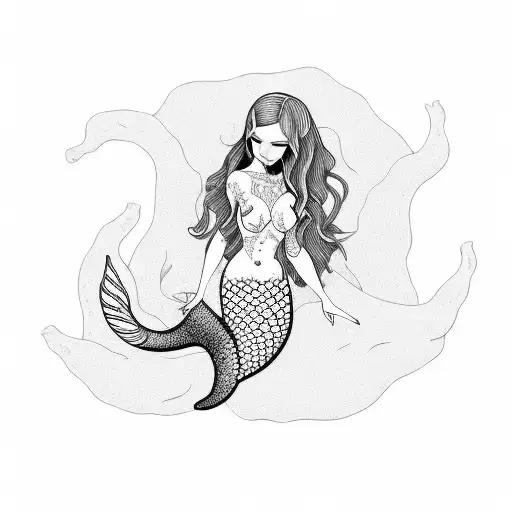 Full body and tail fat mermaid no background black and white  tattoo design idea