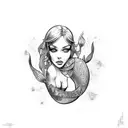 Full body and tail fat mermaid no background black and white  tattoo design idea