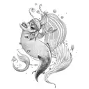 Full body and tail fat mermaid no background black and white  tattoo design idea