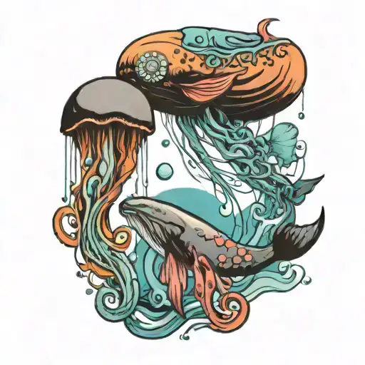 Jellyfish in the swimming in the ocean with a whale, another Jellyfish, and one axolote  tattoo design idea