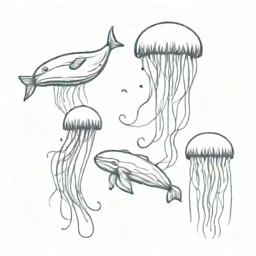 Jellyfish in the swimming in the ocean with a whale, another Jellyfish, and one axolote  tattoo design idea