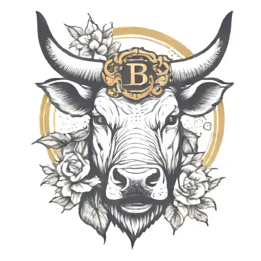 bull head looking forward with a black eye and a gold halo hanging from one horn and a B4G logo written underneath  tattoo design idea
