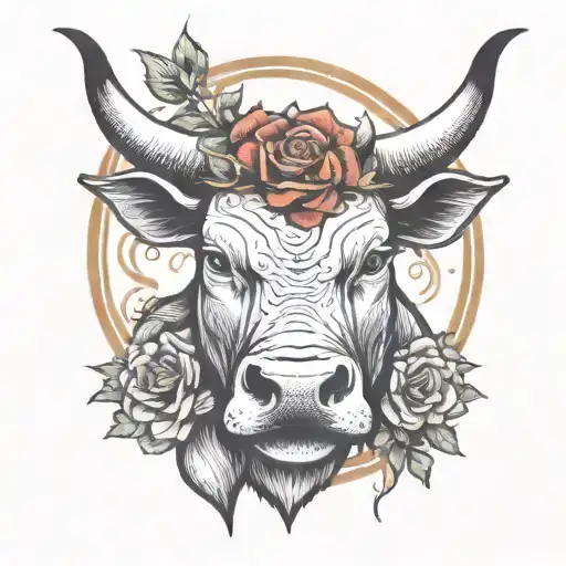 bull head looking forward with bruised eye and halo on one horn tattoo design idea