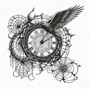 spider web clock with bird flying tattoo design idea
