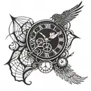 spider web clock with bird flying tattoo design idea