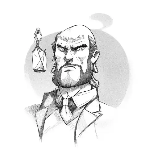 A lawyer-themed RPG character in black-grey style tattoo design idea
