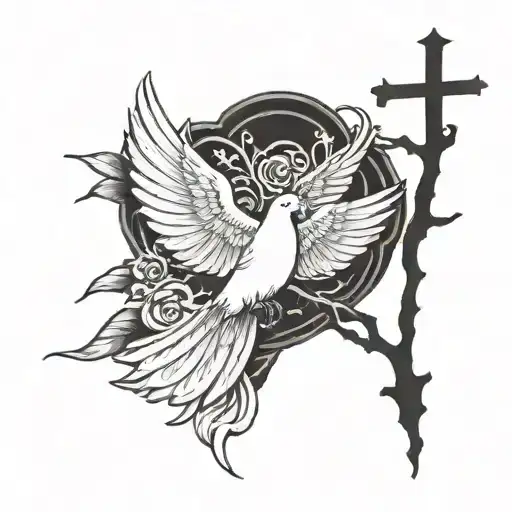 cross and a dove flying with rip the name Roberto monteon 12/21/1940 to 6/14/2008 tattoo design idea