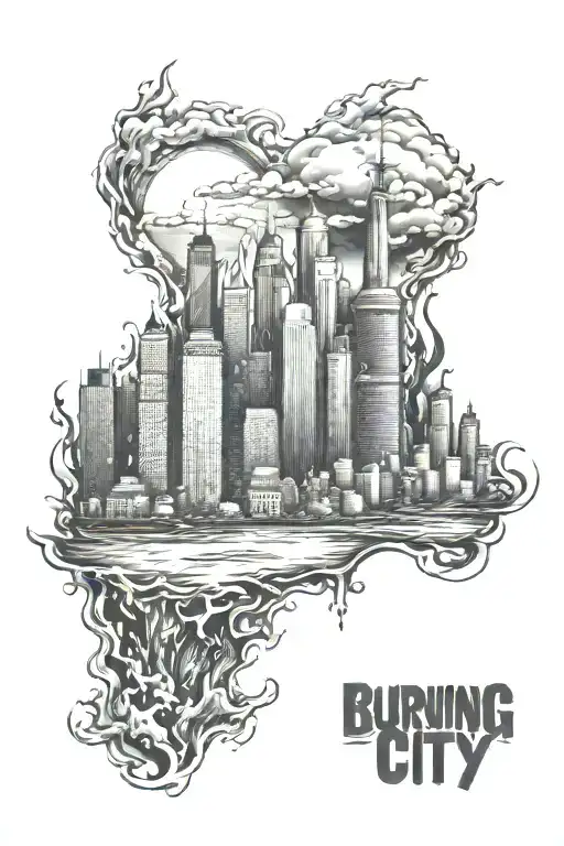 burning city skyline tattoo design idea