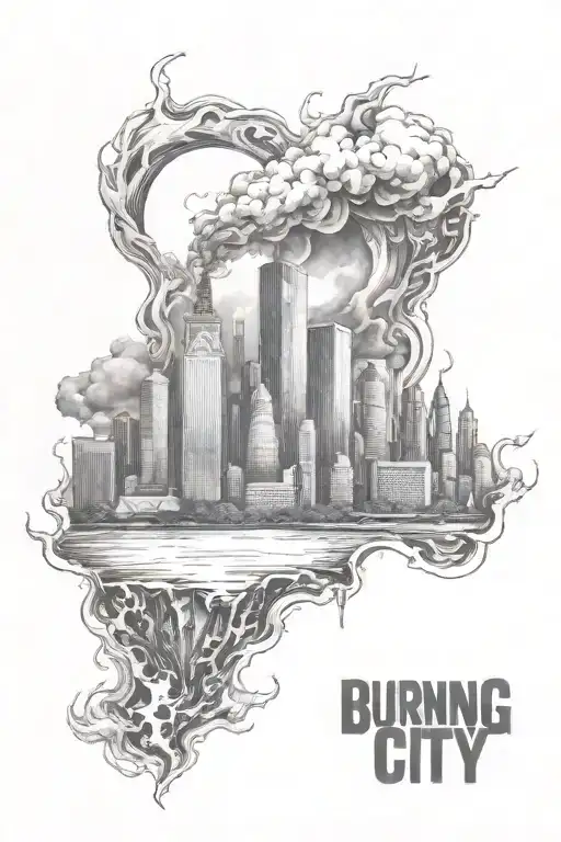 burning city skyline in the background tattoo design idea