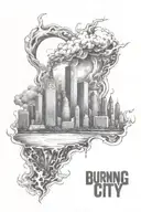 burning city skyline in the background tattoo design idea