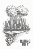 burning city skyline in the background tattoo design idea