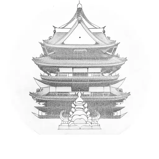 Buddha and Japanese hut tattoo design idea