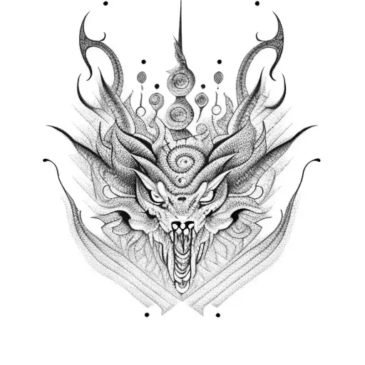 A dotwork tattoo featuring a mythical creature with multiple eyes, representing the complexity and interconnectedness of graphs in computer science. tattoo design idea