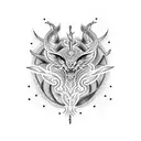 A dotwork tattoo featuring a mythical creature with multiple eyes, representing the complexity and interconnectedness of graphs in computer science. tattoo design idea