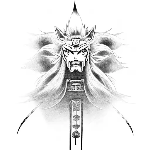 An anime-inspired portrait of a technologically advanced samurai with a glowing Ninetails tail tattoo design idea