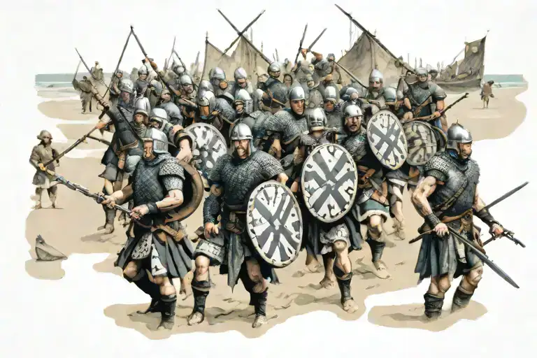 Massive Norman army on the beach of england with their long ships in the background tattoo design idea
