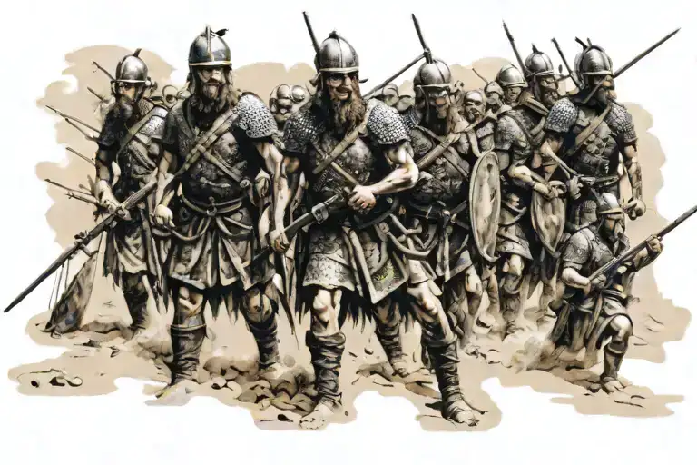 Massive Norman army on the beach of england with their long ships in the background tattoo design idea