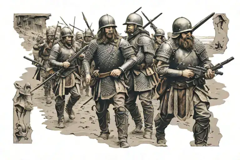 Massive Norman army on the beach of england with their ships in the background tattoo design idea