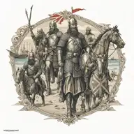 William the conqueror and his Norman army on the beach of england with their ships in the background    tattoo design idea