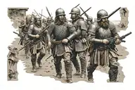 Massive Norman army on the beach of england with their ships in the background tattoo design idea