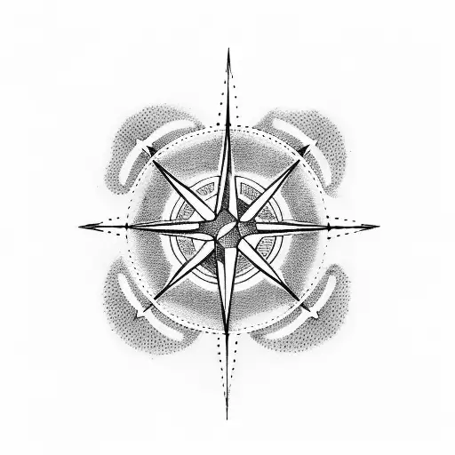 A dotwork tattoo depicting a star-shaped compass with constellations inside, symbolizing the client's passion for stars and their role as a guiding force in the journey of childbirth tattoo design idea