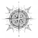 A dotwork tattoo depicting a star-shaped compass with constellations inside, symbolizing the client's passion for stars and their role as a guiding force in the journey of childbirth tattoo design idea