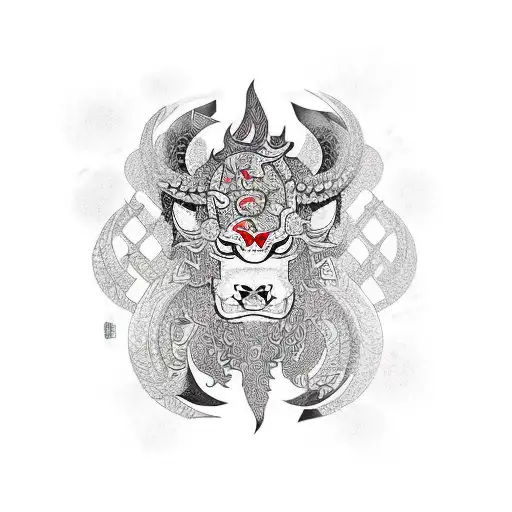 Yakuza-inspired magical ox surrounded by swirling blackwork patterns tattoo design idea