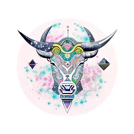 A Taurus constellation merged with the silhouette of a bull, surrounded by earth and gemstone fragments tattoo design idea