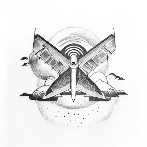 A dotwork tattoo showcasing the silhouette of a plane flying through a stormy sky filled with lightning and clouds tattoo design idea