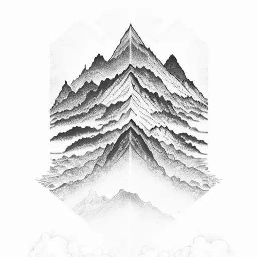 An intricate black and grey design of mountains surrounded by swirling clouds and bolts of lightning tattoo design idea