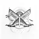 A dotwork tattoo showcasing the silhouette of a plane flying through a stormy sky filled with lightning and clouds tattoo design idea