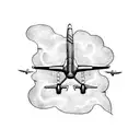 A dotwork tattoo showcasing the silhouette of a plane flying through a stormy sky filled with lightning and clouds tattoo design idea